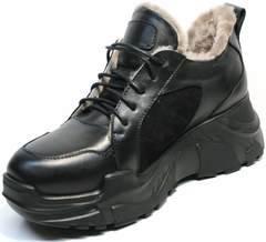 Черные кожаные кроссовки с натуральным мехом женские зимние Studio27 547c All Black.