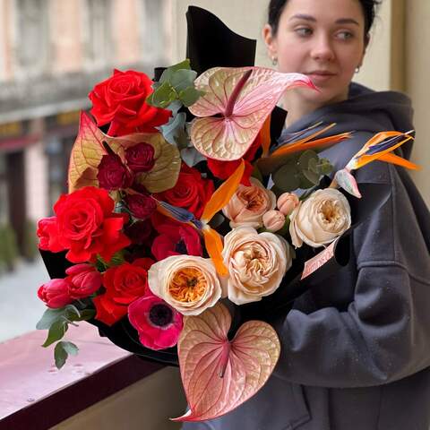Incendiary bouquet with exotic flowers and bright classics «Tango for two», Flowers: Anthurium, Anemone, Strelitzia, Rose, Tulipa, Eucalyptus, Bush Rose