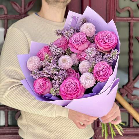 Photo of Fantastic bouquet with lilacs and peony roses «Purple melody»