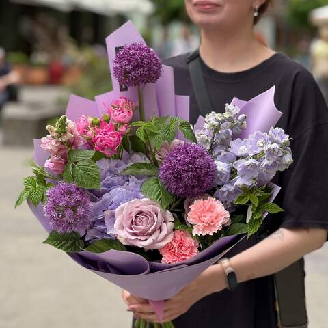 Colorful bouquet with summer alliums «Magic of the Day», Flowers: Delphinium, Peony Spray Rose, Antirinum, Rubus Idaeus, Dianthus, Hydrangea, Rose, Allium