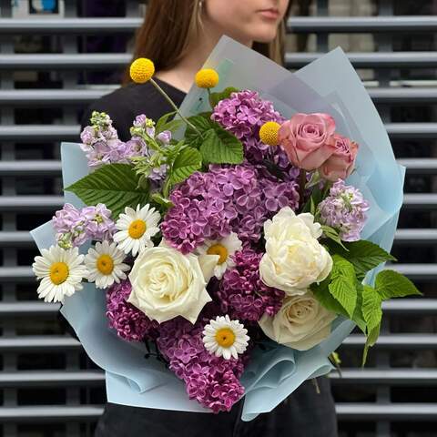 Bouquet «Spring whim», Flowers: Syringa, Rose, Paeonia, Craspedia, Matthiola, Raspberry twigs