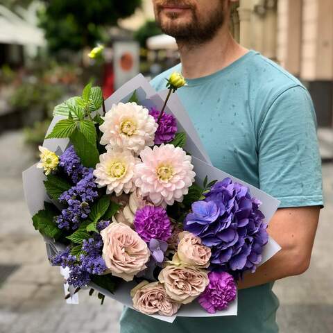 Purple-powdery bouquet with hydrangea «Violet night», Flowers: Dianthus, Hydrangea, Limonium, Dahlia, Rubus Idaeus, Peony Spray Rose