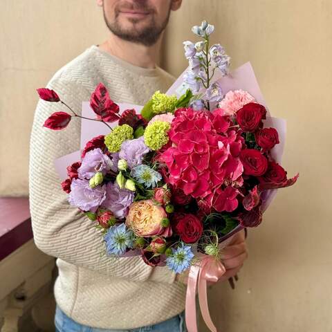 Cherry bouquet with hydrangea «Mom's little cherry», Flowers: Hydrangea, Viburnum, Delphinium, Peony Spray Rose, Eustoma, Nigella