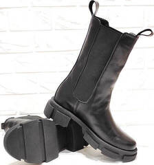 Зимние кожаные ботинки челси женские на тракторной подошве AVK – 21074 Black.