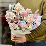 Photo of Pink winter bouquet with gossypium and roses «Strawberry meringue»