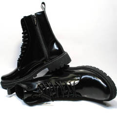 Высокие ботинки на шнуровке женские на толстой подошве кожаные с мехом Ari Andano 740 All Black.