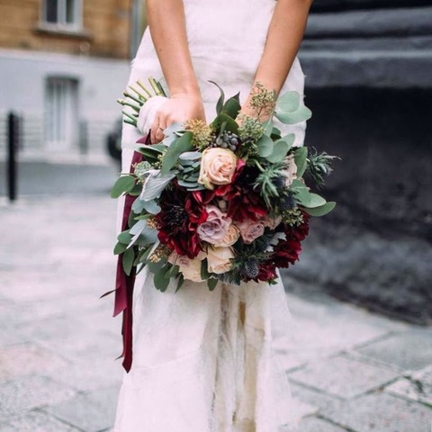 Stylish burgundy bouquet of the bride, Burgundy wedding bouquet