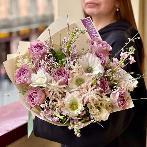 Delicate bouquet with roses and anemones «Lavender tenderness», Flowers: Anemone, Astilbe, Rose, Matthiola, Genista