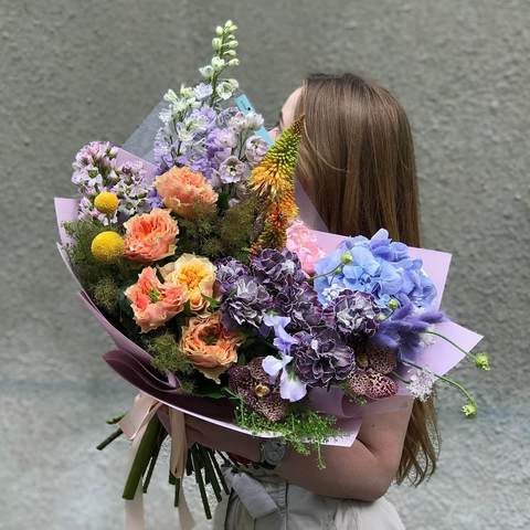 Bouquet «Lilac feelings», Flowers: Cotinus, Rose, Pion-shaped rose, Delphinium, Dianthus, Allium, Hydrangea, Phalaenopsis, Thlaspi