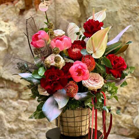 Stylish composition in rich colors «Sophisticated Charm», Flowers: Anthurium, Scabiosa, Rubus, Ruscus, Rose, Eucalyptus, Dianthus, Leucadendron, Leucospermum, Magnolia, Paeonia