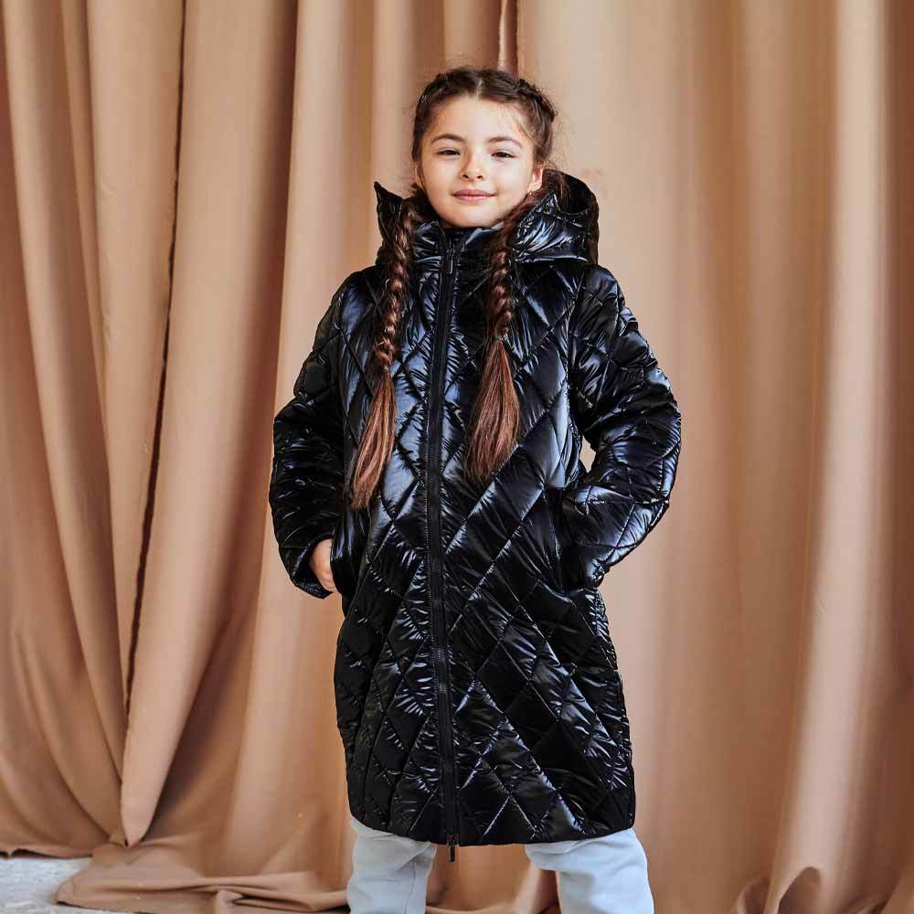 Дитяче, підліткове зимове стьобане пальто в чорному кольорі для дівчинки