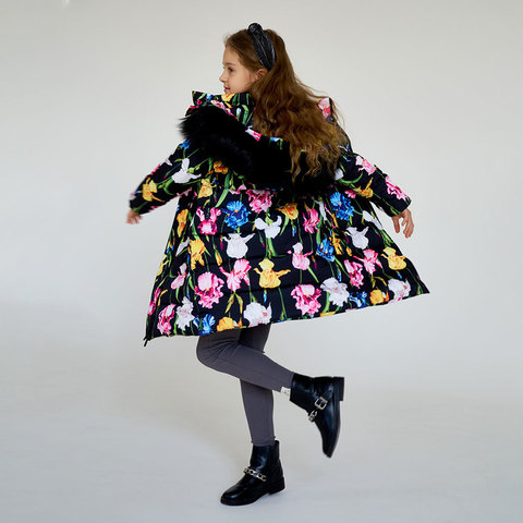 Детское подростковое зимнее пальто с принтом   Ирисы с натуральной опушкой