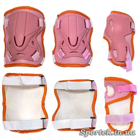 Женская оранжево-розовая защита на колени, локти и запястья.