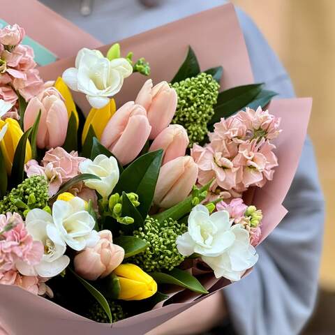 Photo of Bouquet with tulips and matthiola «Spring breeze»
