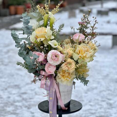Exclusive composition with peony roses and ranunculi «Winter lace», Flowers: Pion-shaped rose, Ranunculus, Zantedeschia, Chamelaucium, Ilex, Eucalyptus