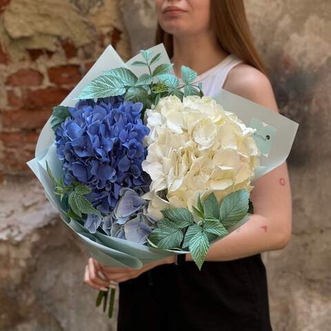 Bouquet of 3 hydrangeas «Heavenly Angel», Flowers: Rubus Idaeus, Hydrangea - 3 pcs.