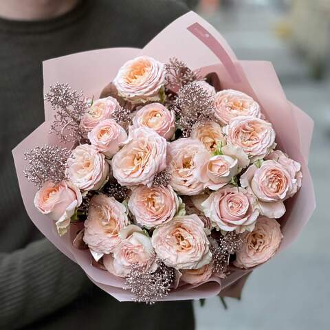 Delicate bouquet of spray peony roses «Pink Gold», Flowers: Peony Spray Rose, Skimmia