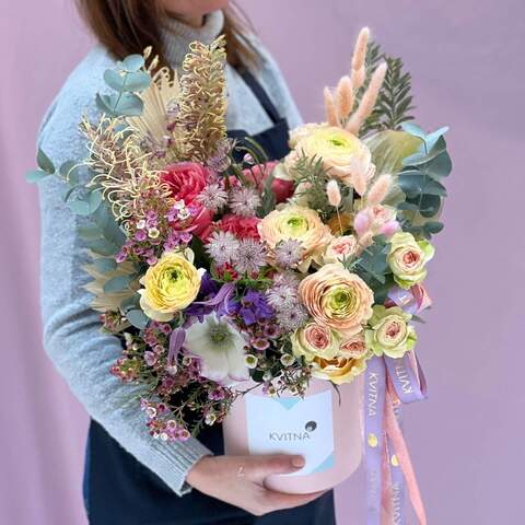 Spring composition with ranunculi and peony roses «Tropical lace», Flowers: Ranunculus, Pion-shaped rose, Bush Rose, Grevillea, Astrantia, Chamelaucium, Clematis, Eucalyptus, Anemone, Anthurium, Lagurus, Mimosa leaves, Palm leaves