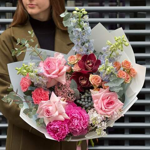 Bouquet «Romantic Sky», Flowers: Paeonia, Delphinium, Rose, Syringa, Cymbidium, Brunia, Eucalyptus, Dianthus