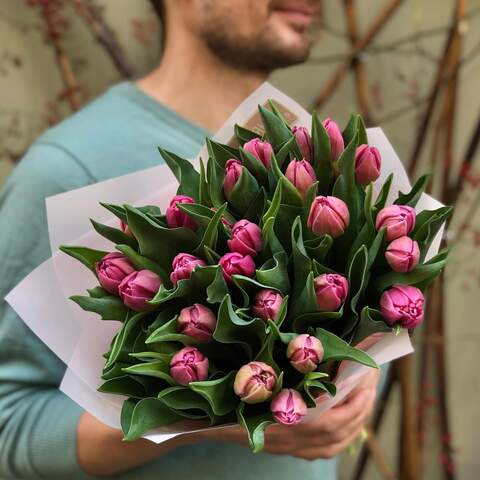 25 peony-shaped tulips in a bouquet «Raspberry-Spring», Flowers: Tulip pion-shaped, 25 pcs.