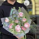 Photo of Mesmerizing bouquet of soft-pink ranunculus and fragrant matthiola «Charming Tetyana»