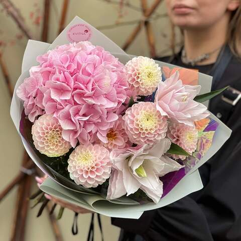 Delicate bouquet with terry lily «Pink fairy tale», Flowers: Dahlia, Hydrangea, Lilium