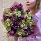 Photo of Fresh bouquet of crispy tulips and exotic cymbidium «Scents of Spring»