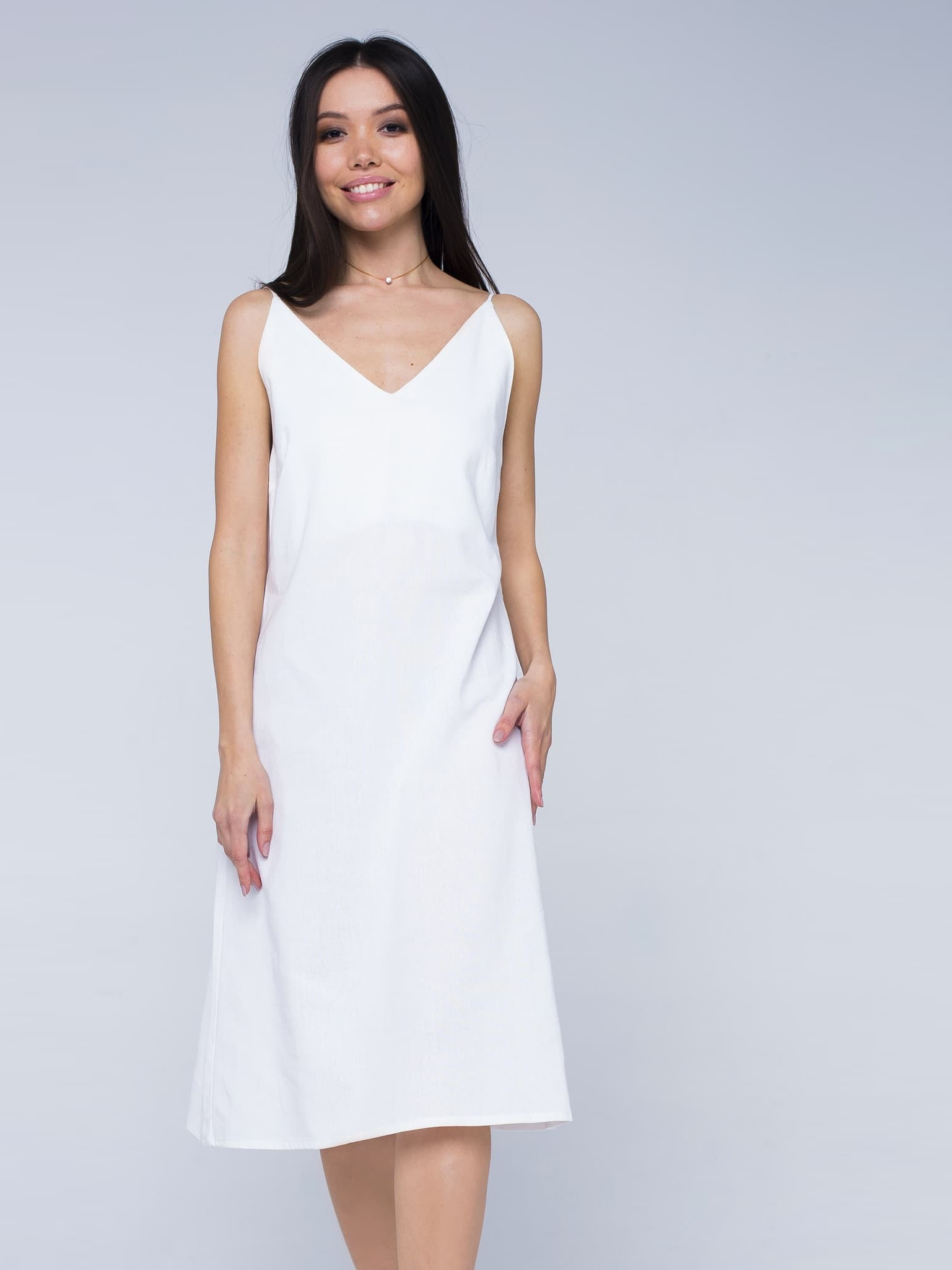 Платье белое льняное с открытой спинкой миди 