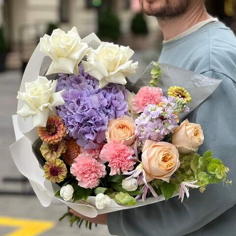 Bouquet «Renewed Faith», Flowers: Dahlia, Matthiola, Pion-shaped rose, Hydrangea, Eucalyptus, Tulipa, Zinnia