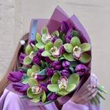 Photo of Fresh bouquet of crispy tulips and exotic cymbidium «Scents of Spring»