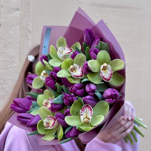 Photo of Fresh bouquet of crispy tulips and exotic cymbidium «Scents of Spring»