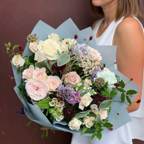 Bouquet «Silver Night», Flowers: Sanguisorba, Dianthus, Pittosporum, Ozothamnus, Chamelaucium, Scabiosa, Matthiola, Pion-shaped rose