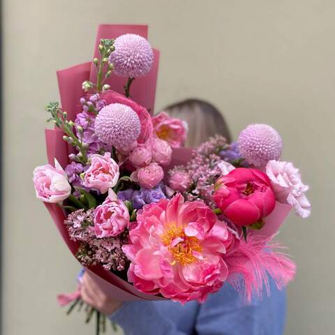 Bouquet «Flamingo Dance», Flowers: Paeonia, Chrysanthemum, Syringa, Pion-shaped rose, Matthiola, Eustoma