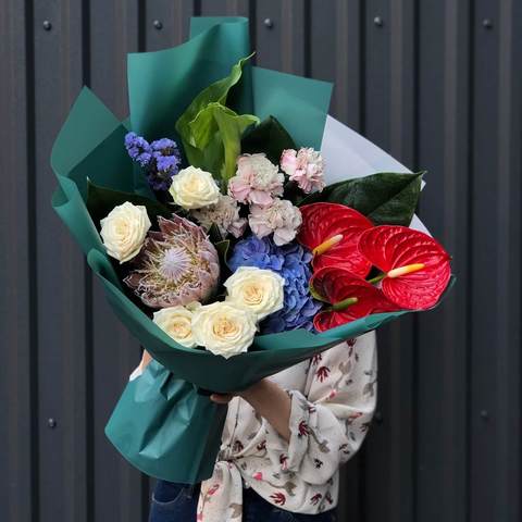 Bouquet «Pina Colada», Male, tropical bouquet with royal protea. Perfect as a flower gift for husband, father, son, brother.