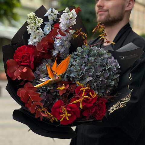 Bouquet «Legend of the East», Flowers: Delphinium, Hydrangea, Strelitzia, Eucalyptus, Rose, Anigosanthus, Stipa