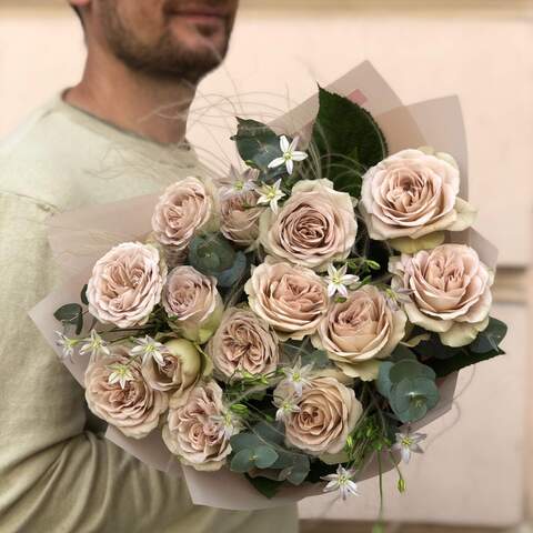 Powdery elegant bouquet «Lace of Temptation», Flowers: Stipa, Eucalyptus, Peony Spray Rose