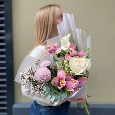 Bouquet «Look of Tenderness», Flowers: Pion-shaped rose, Syringa, Chamelaucium, Chrysanthemum, Tulipa, Eucalyptus, Zantedeschia