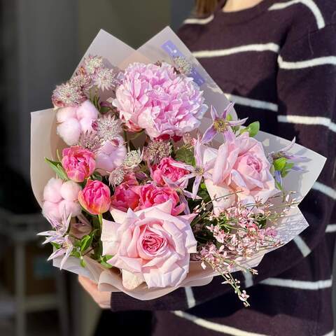 Pink fragrant bouquet with peony roses and peonies «Gentle Tetyanka», Flowers: Paeonia, Tulipa, Pion-shaped rose, Clematis, Astrantia, Mimosa, Genista, Gossypium