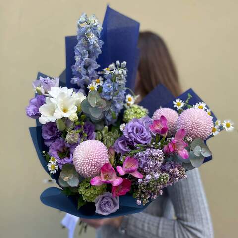 Bouquet «Spring Adventure», Flowers: Chrysanthemum, Delphinium, Freesia, Tanacetum, Syringa, Eustoma, Viburnum, Eucalyptus