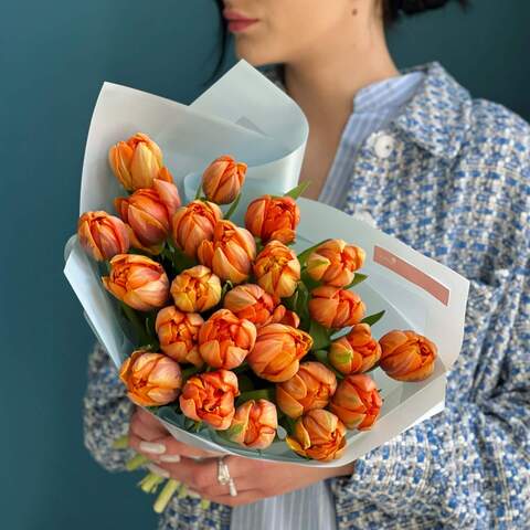Photo of 23 peony tulips in a bouquet «Orange Dawn»
