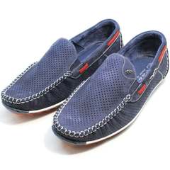 Кожаные туфли мокасины мужские лето Faber 142213-7 Navy Blue.