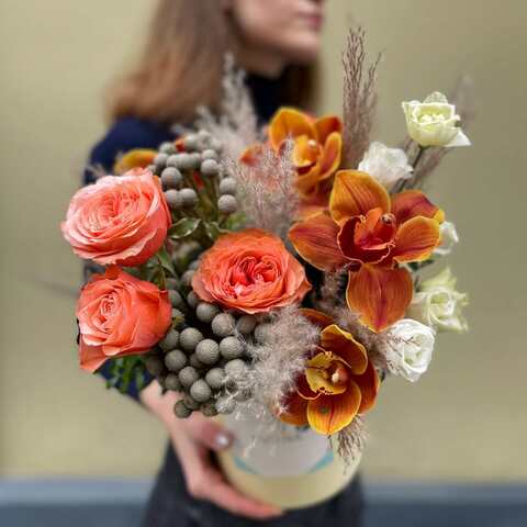 Коробка з квітами «Квіти пустелі», Квіти: Троянда, Цимбідіум, Брунія, Кортадерія, Еустома