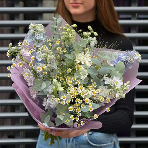 Bouquet «Delicate fluff», Flowers: Delphinium, Panicum, Tanacetum, Eucalyptus