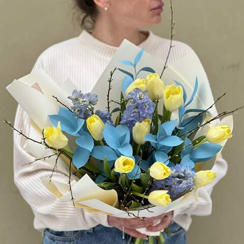 Bouquet «Gentle Oksana», Flowers: Tulipa, Delphinium, Ruscus