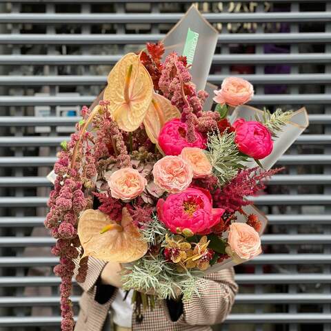 Bouquet «The Queen», Flowers: Paeonia, Pion-shaped rose, Hydrangea, Phalaenopsis, Mimosa, Anthurium, Amaranthus, Astilbe