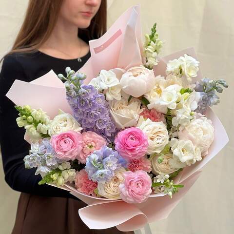 Bouquet «Marshmallow Fairy», Flowers: Rose, Ranunculus, Delphinium, Paeonia, Freesia, Dianthus, Oxypetalum, Antirinum