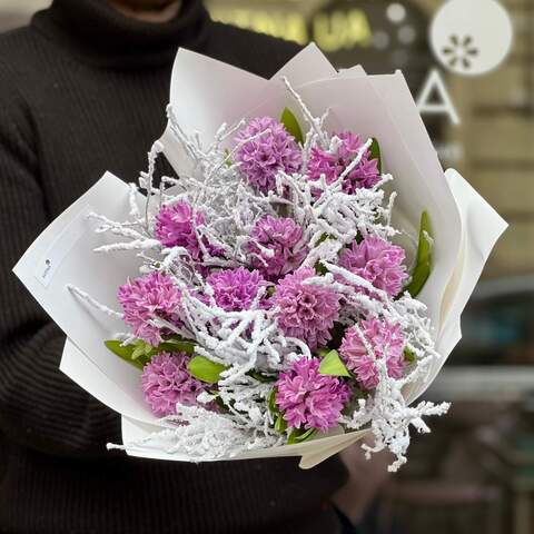 Сиреневый букет из 11 гиацинтов «Заснеженное утро», Цветы: Гиацинт, Заснеженные веточки
