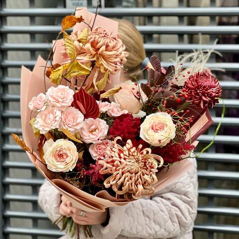 Bouquet «Fire of my Love», Flowers: Pion-shaped rose, Chrysanthemum, Anthurium, Astilbe, Stipa, Rosa