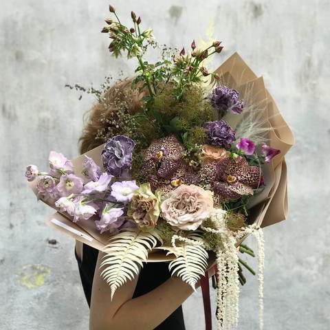 Bouquet «Lviv special», Flowers: Cotinus, Delphinium, Allium, Rose, Pion-shaped rose, Phalaenopsis, Amaranthus Dark, Dianthus
