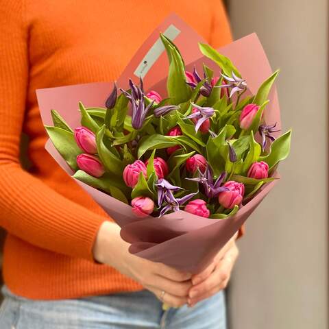 Bouquet of tulips and clematis «Spring star», Flowers: Tulipa - 15 pcs., Clematis
